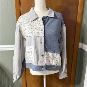 POL Blue and Cream Patchwork Jean Jacket